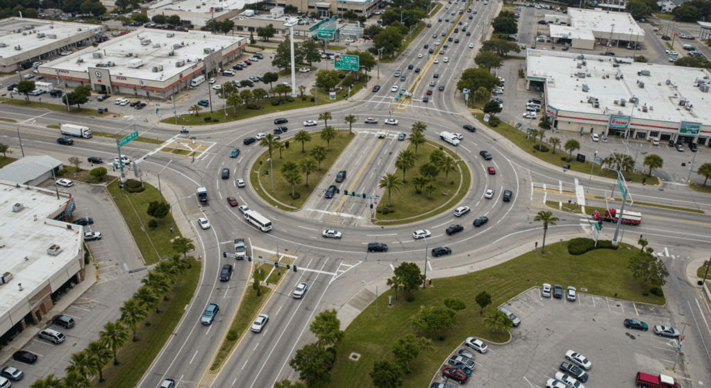 Aerial view of a busy roundabout intersection surrounded by commercial buildings and traffic—an area where accidents may occur, relevant to a Car Accident Lawyer in Mobile, AL.