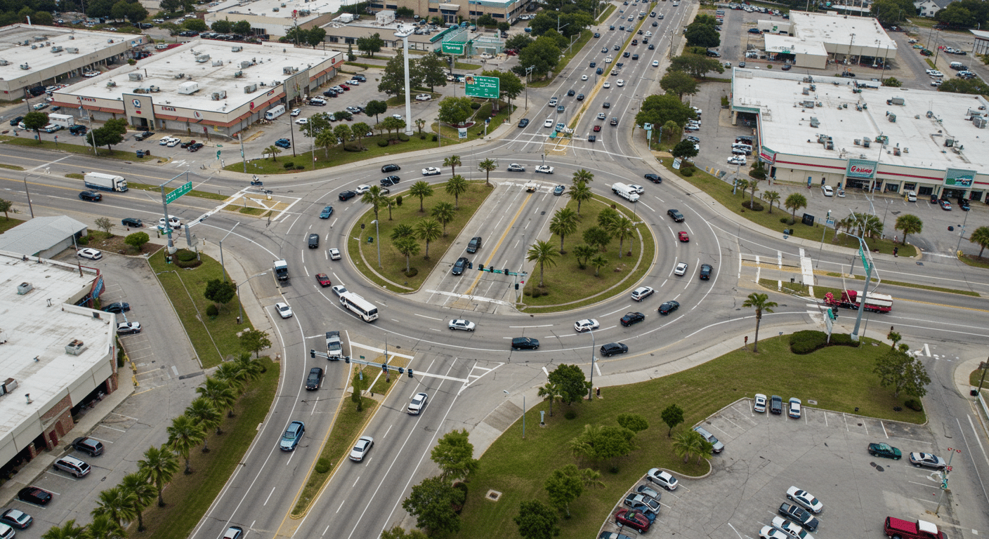 Aerial view of a busy roundabout intersection surrounded by commercial buildings and traffic—an area where accidents may occur, relevant to a Car Accident Lawyer in Mobile, AL.