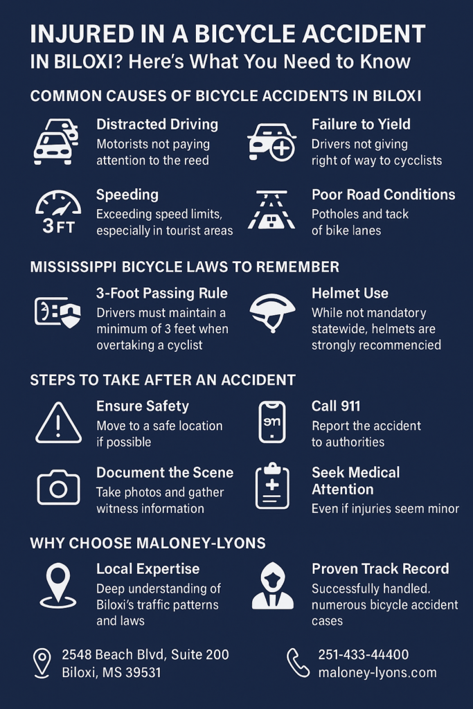 Infographic for Biloxi personal injury law firm outlining bicycle accident causes, Mississippi bike laws, steps to take after an accident, and benefits of hiring Maloney-Lyons, LLC. Includes contact info and icons for distracted driving, 3-foot passing rule, and medical attention.