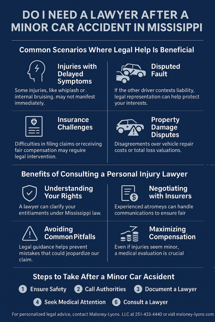 Infographic for Mississippi personal injury law firm explaining when to hire a lawyer after a minor car accident. Covers legal help scenarios, insurance disputes, delayed injury symptoms, and steps to take post-accident, including contacting Maloney-Lyons, LLC.