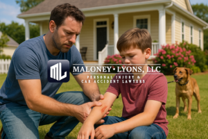A concerned adult helps an injured child with a dog bite on his arm in front of a Southern-style home in Biloxi, Mississippi. A medium-sized dog is restrained nearby. — Biloxi Dog Bite Lawyer scene.