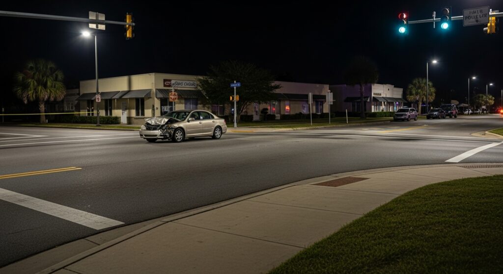 Damaged car at night near Beach Blvd in Biloxi, Mississippi, after a hit-and-run accident with police lights in the background.