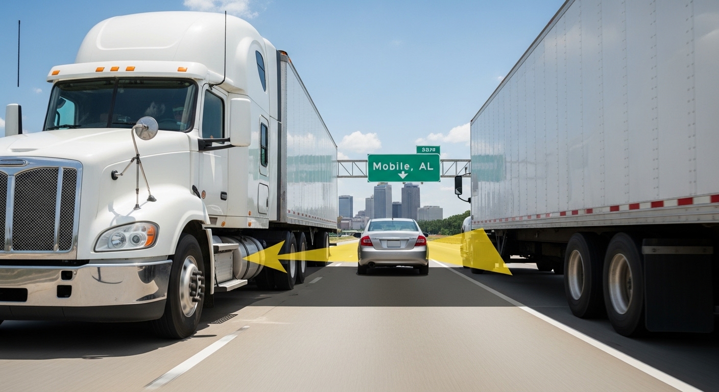 A car is dangerously positioned between two large semi-trucks on a highway near Mobile, Alabama, with yellow arrows indicating the truck drivers' blind spots.
