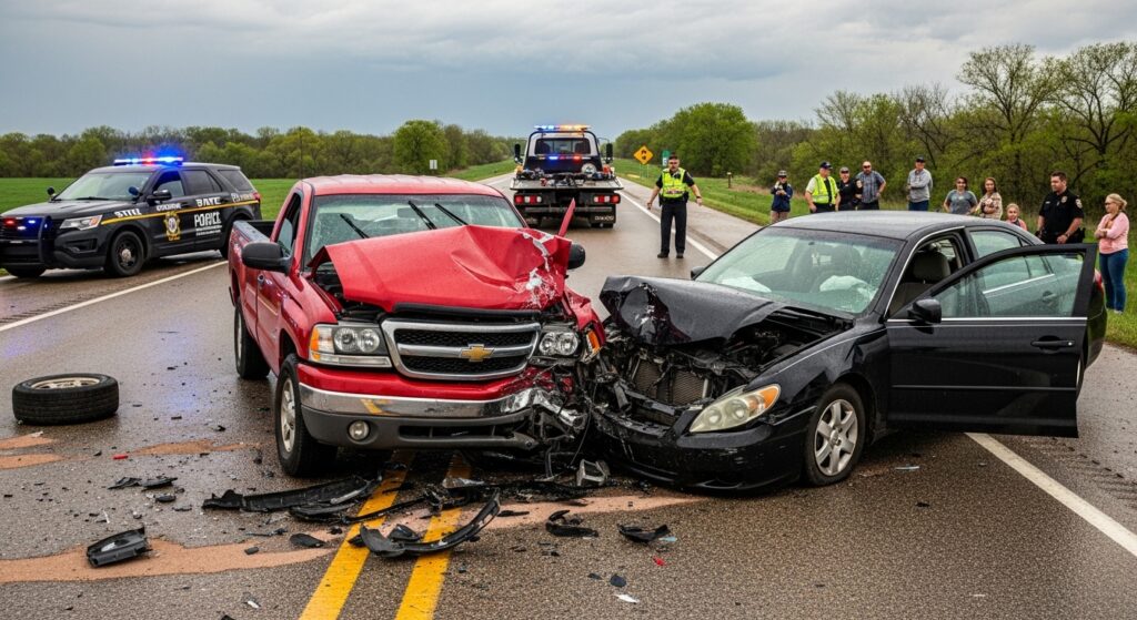 Head-on collision between a red pickup truck and a black sedan on a Mississippi highway, with police vehicles, tow truck, and bystanders at the scene — concept for seeking help from an uninsured motorist lawyer in Mississippi.