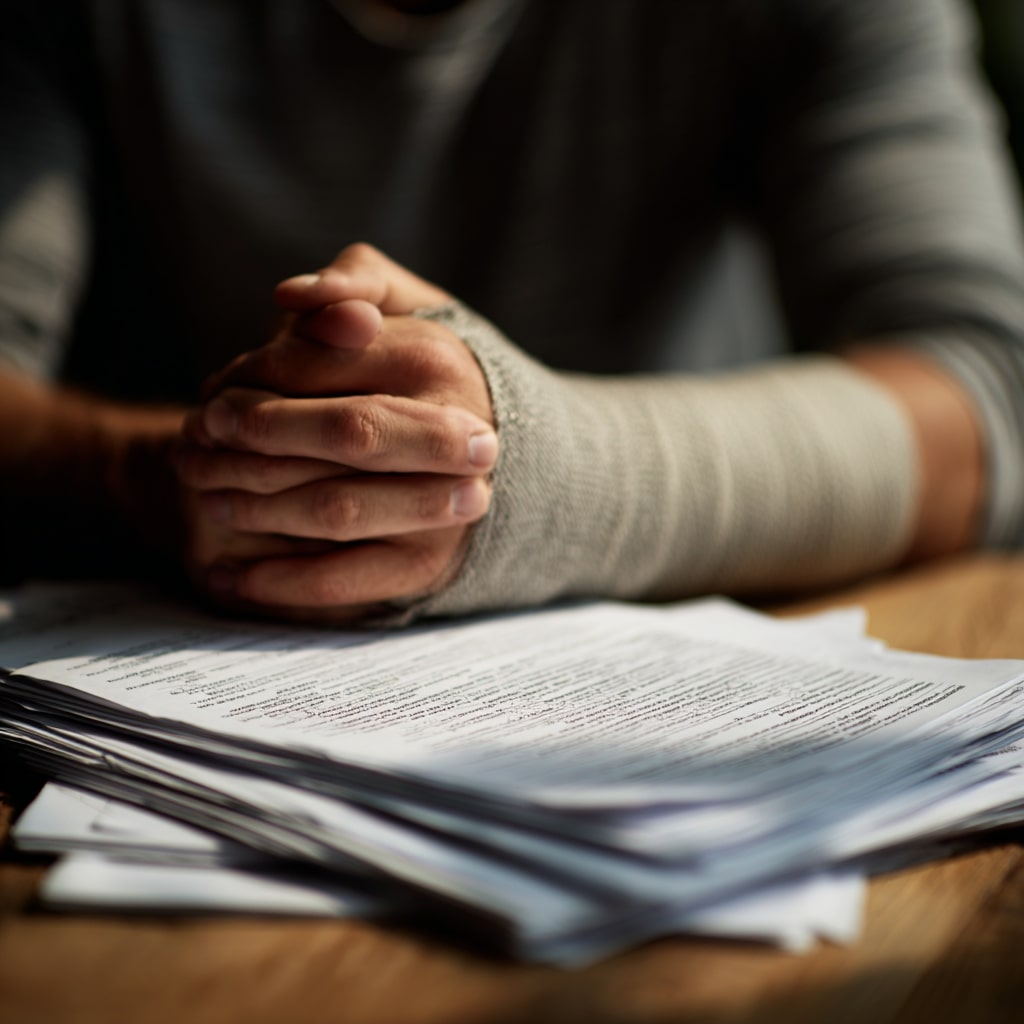 car accident victim with arm in a cast contemplating complicated looking legal papers in mississippi