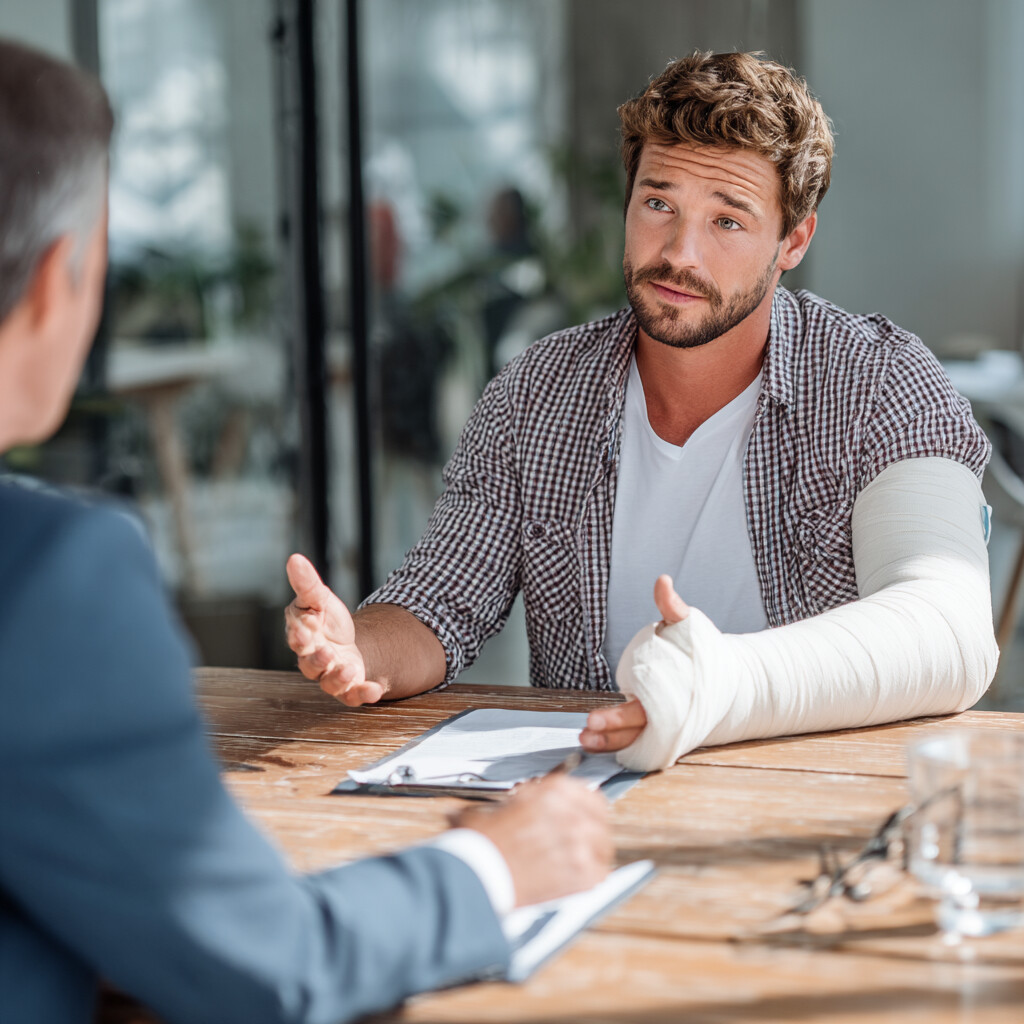 Man with his arm in a cast at a table in an office with an insurance agent who is denying his car accident claim in Mississippi