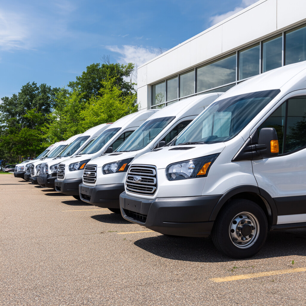 Row of company vans outside a business in a parking lot in Biloxi, Mississippi