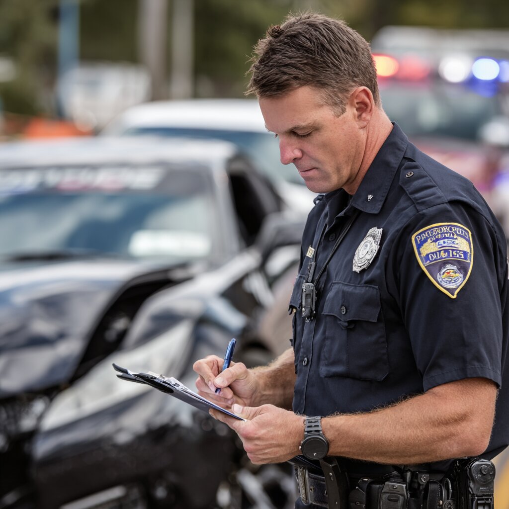 Police officer filling out a crash report at an accident scene in Biloxi, Mississippi