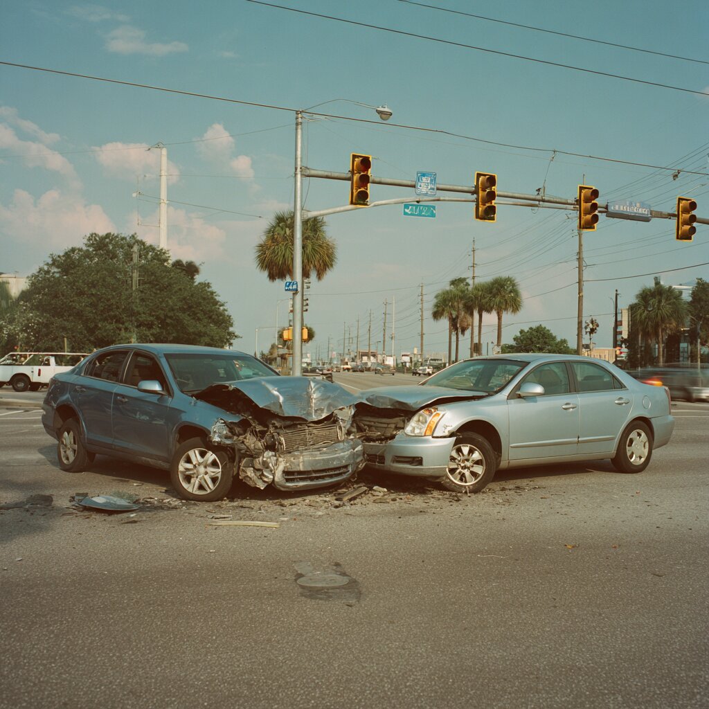 Two crashed cars in an intersection in Biloxi, Mississippi illustrating the importance of evidence after a car accident in Mississippi
