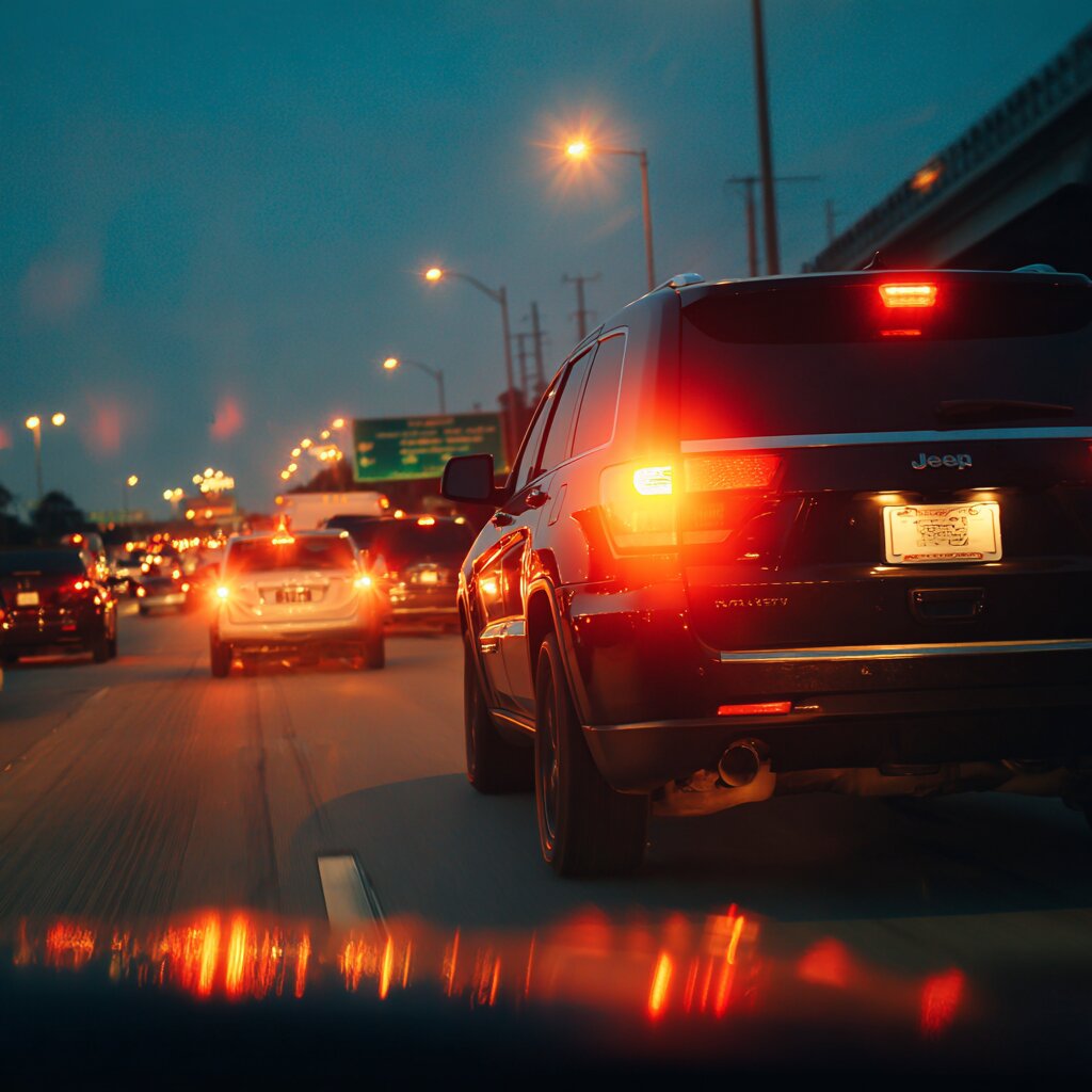 SUV tailgating another car with its brake lights on in heavy traffic on a freeway in Biloxi, Mississippi illustrating following too closely laws