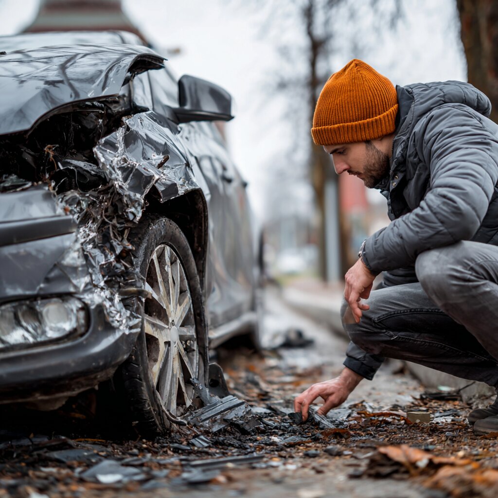 Driver of a car inspecting damage to their car after a hit-and-run accident in Biloxi, Mississippi