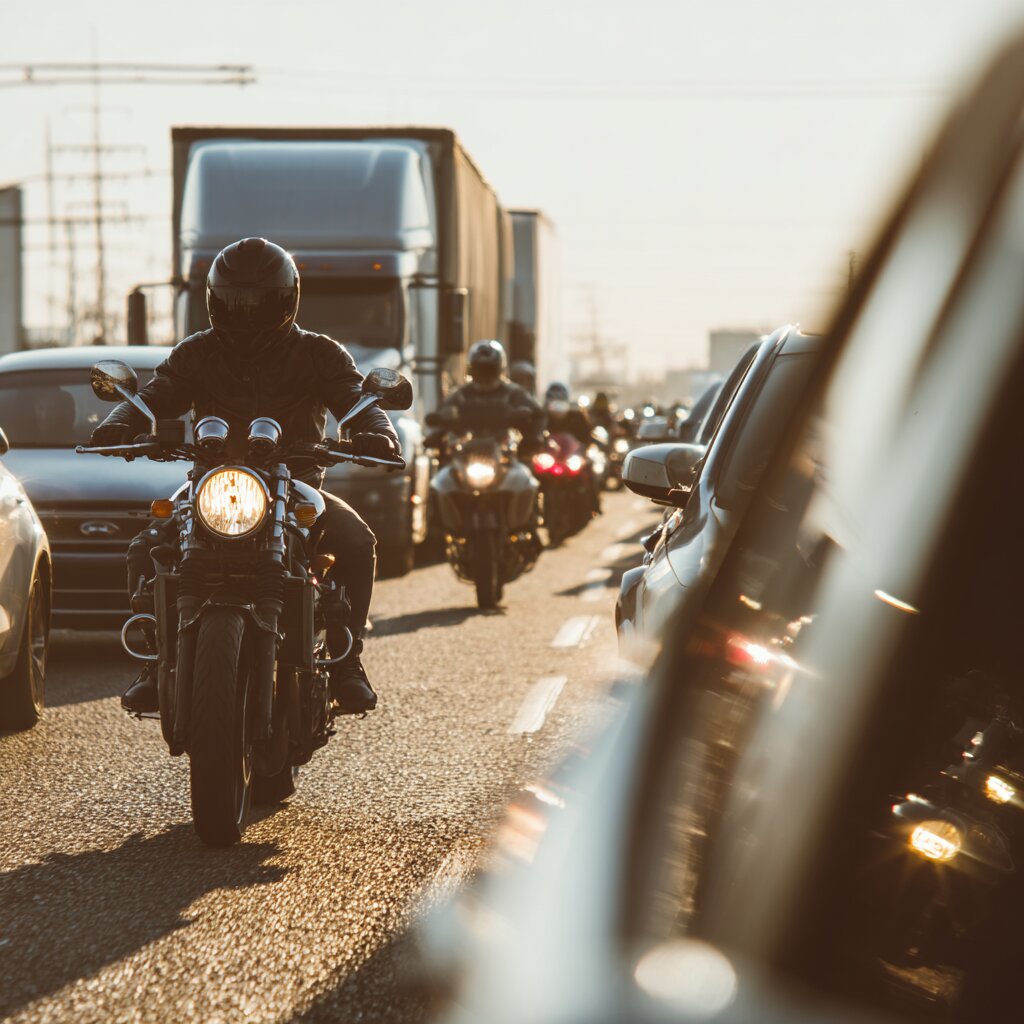 Motorcyclist lane splitting in heavy traffic on highway in Mississippi
