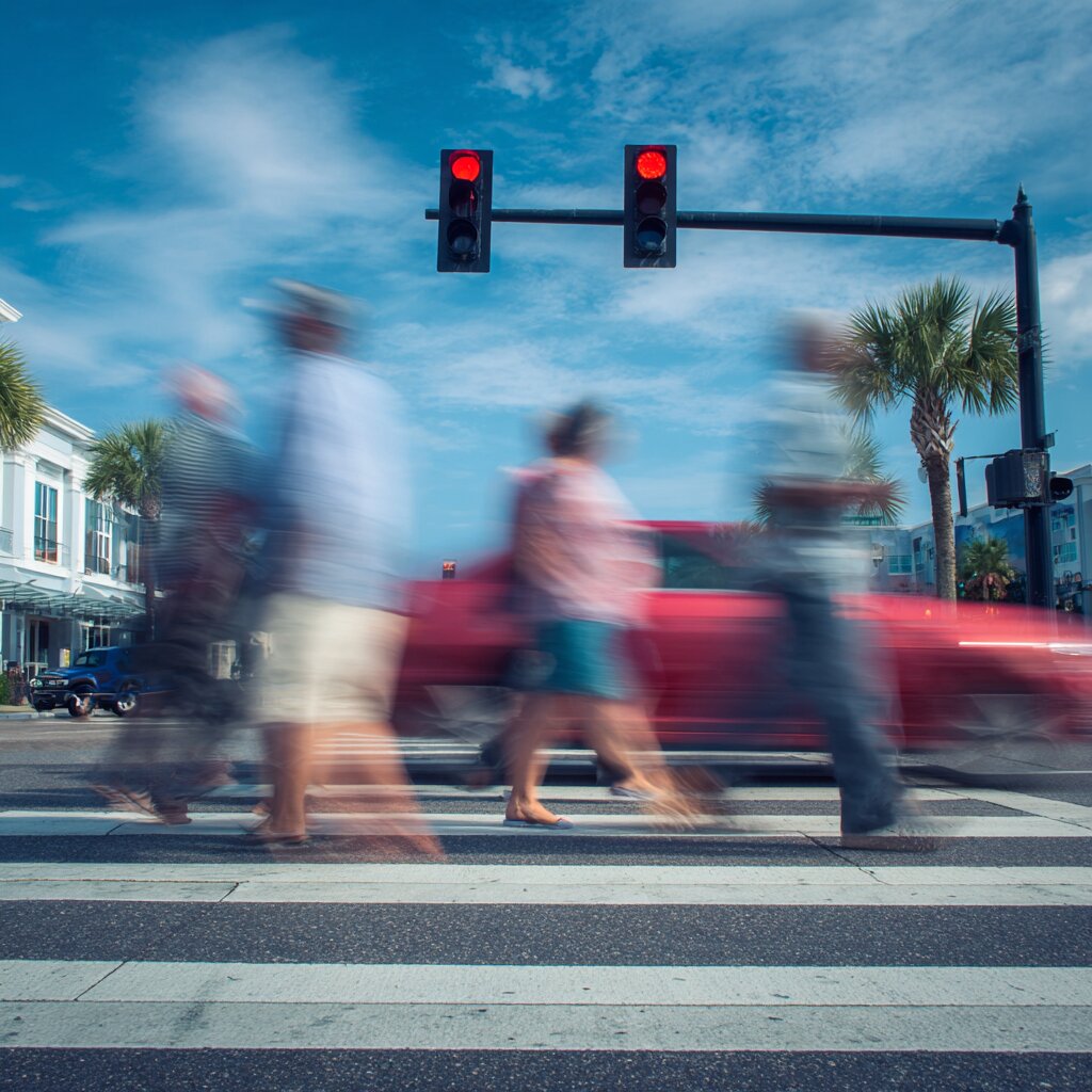 Pedestrians in crosswalk with speeding car running red light in Biloxi, Mississippi illustrating pedestrian laws
