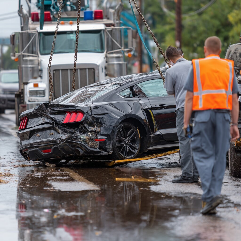 Totaled car being loaded onto a tow truck in Biloxi, Mississippi