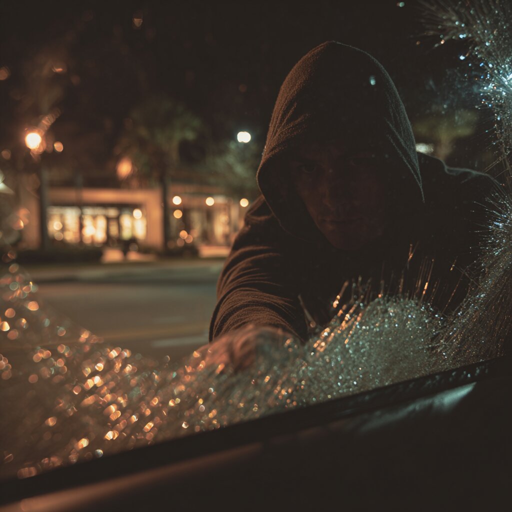Car thief breaking into a car in Biloxi, Mississippi illustrating liability in stolen car accidents