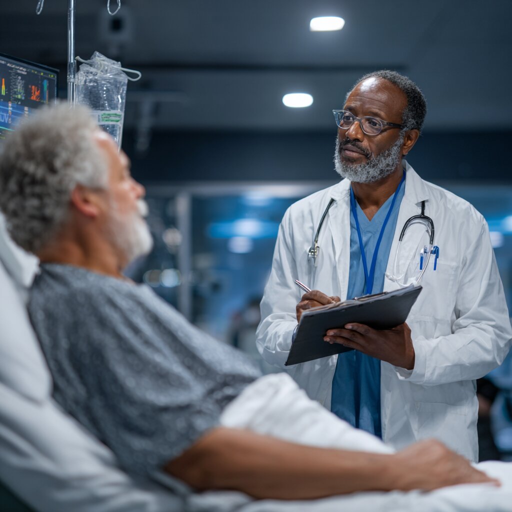 Doctor taking notes next to a patient in a hospital in Mississippi