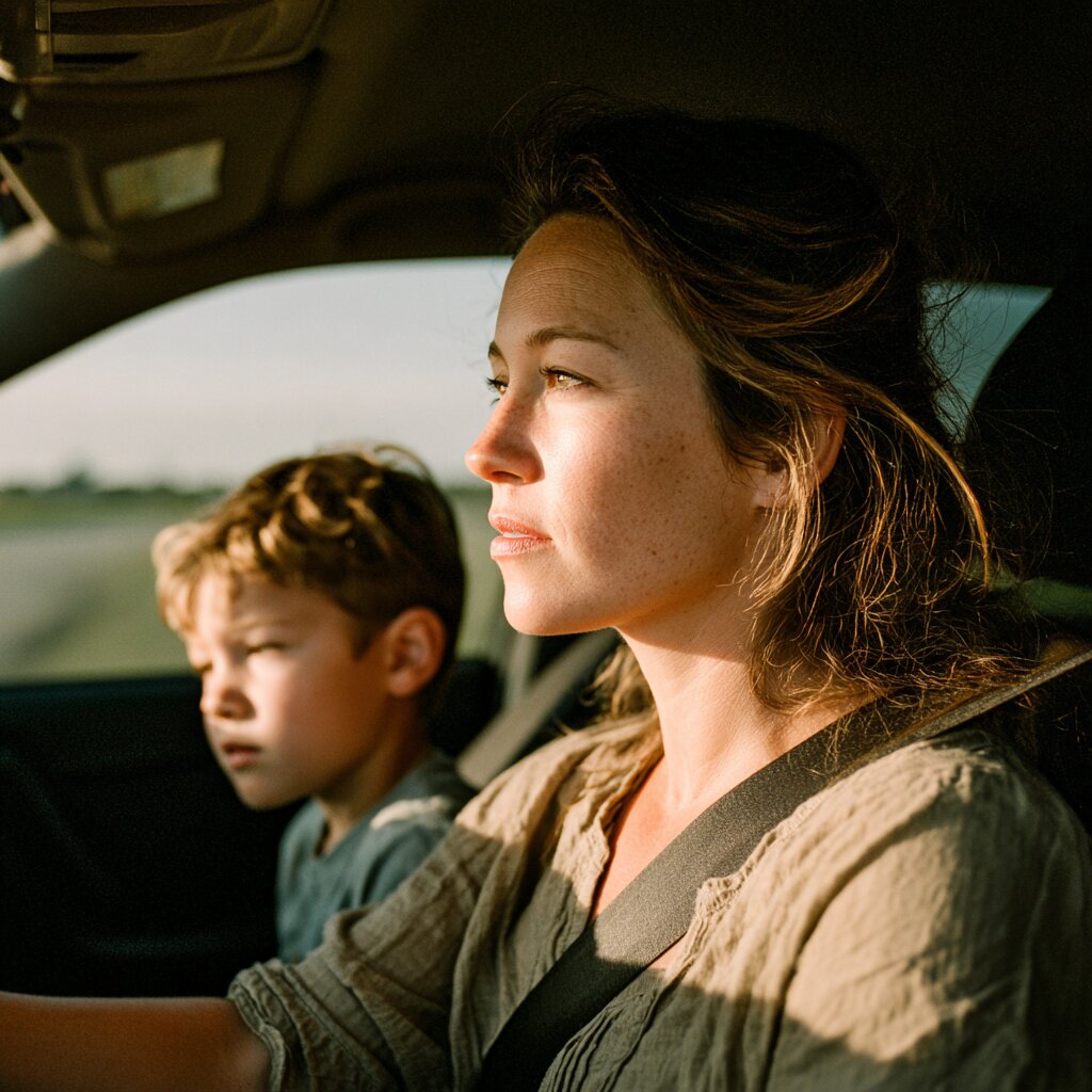 Young mother driving with her son in the passenger seat in Biloxi, Mississippi