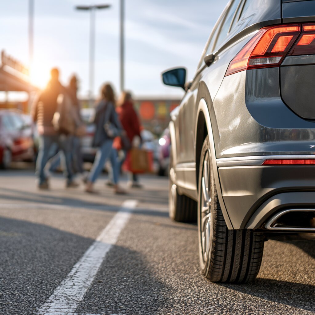 Car backing up in a grocery store parking lot with pedestrians passing behind it in Biloxi, Mississippi