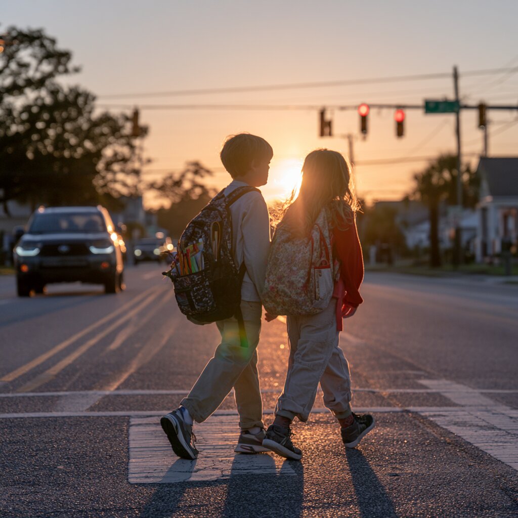 Two children crossing the road going to school in Biloxi, Mississippi