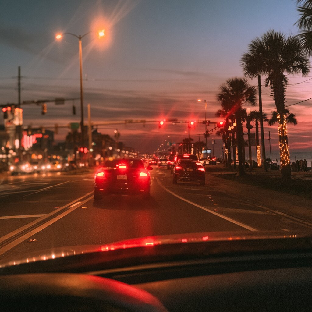View from behind of an aggressive driver brake-checking another car in Biloxi, Mississippi