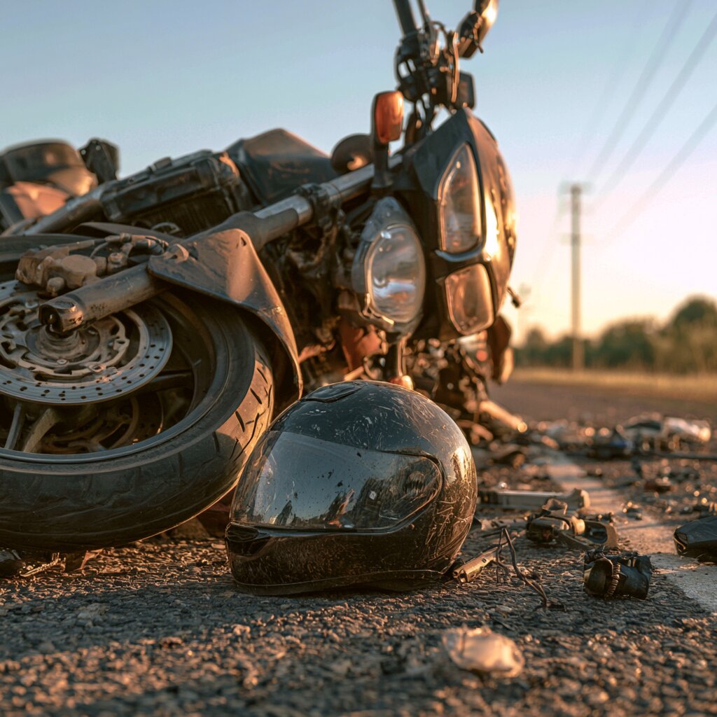 crashed motorcycle on it's side with a helmet on the ground in the forefront, Mississippi setting