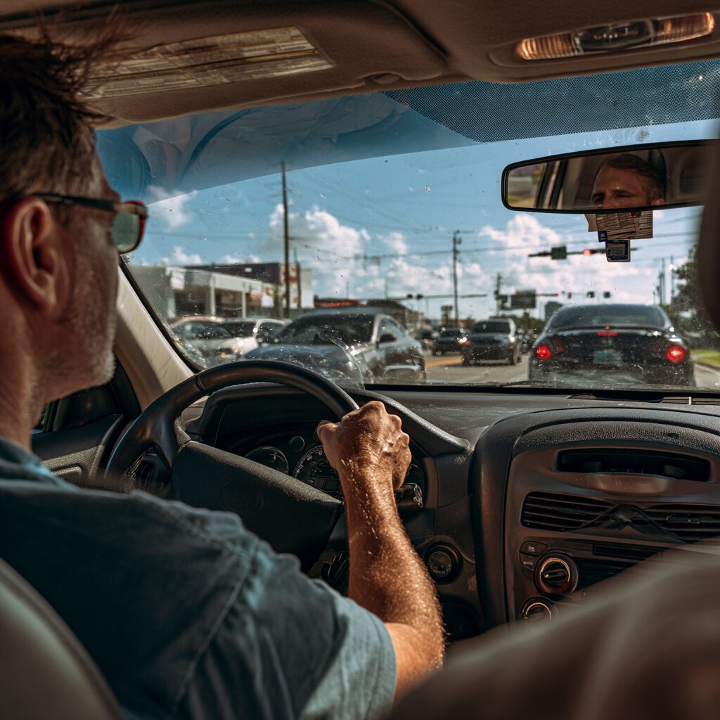 Driver in their car with no seat belt on in traffic, Biloxi Mississippi setting