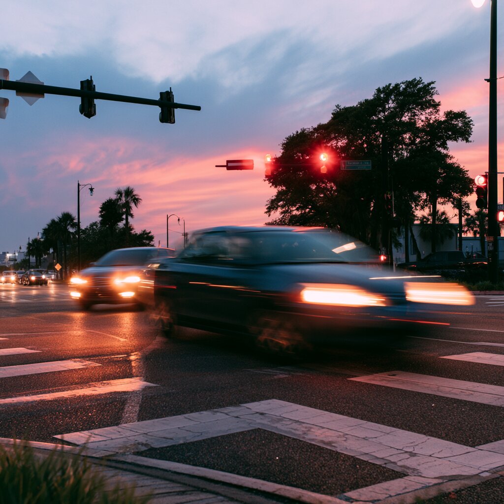 Car making a u-turn at an intersection in Biloxi, Mississippi