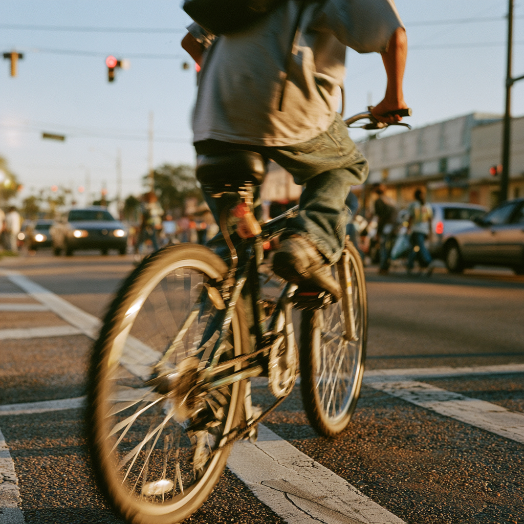 Teenager on his bicycle crossing a busy road in Biloxi, Mississippi