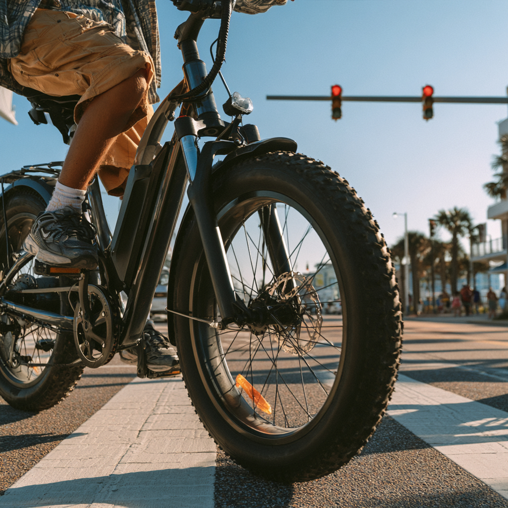 Teenager crossing the street on an e-bike in Biloxi, Mississippi