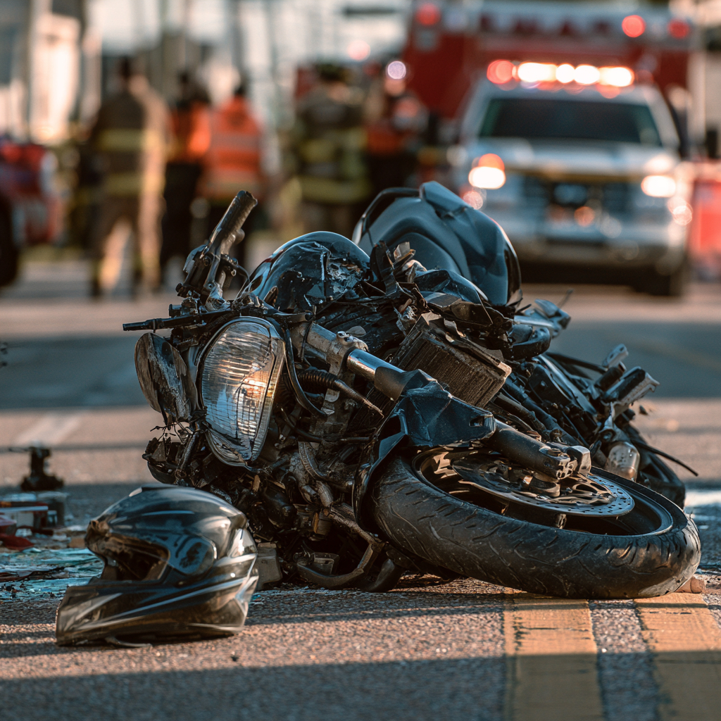Motorcycle on its side in the road after accident, it's crushed, helmet on the road nearby, emergency crew in background out of focus, Biloxi, Mississippi