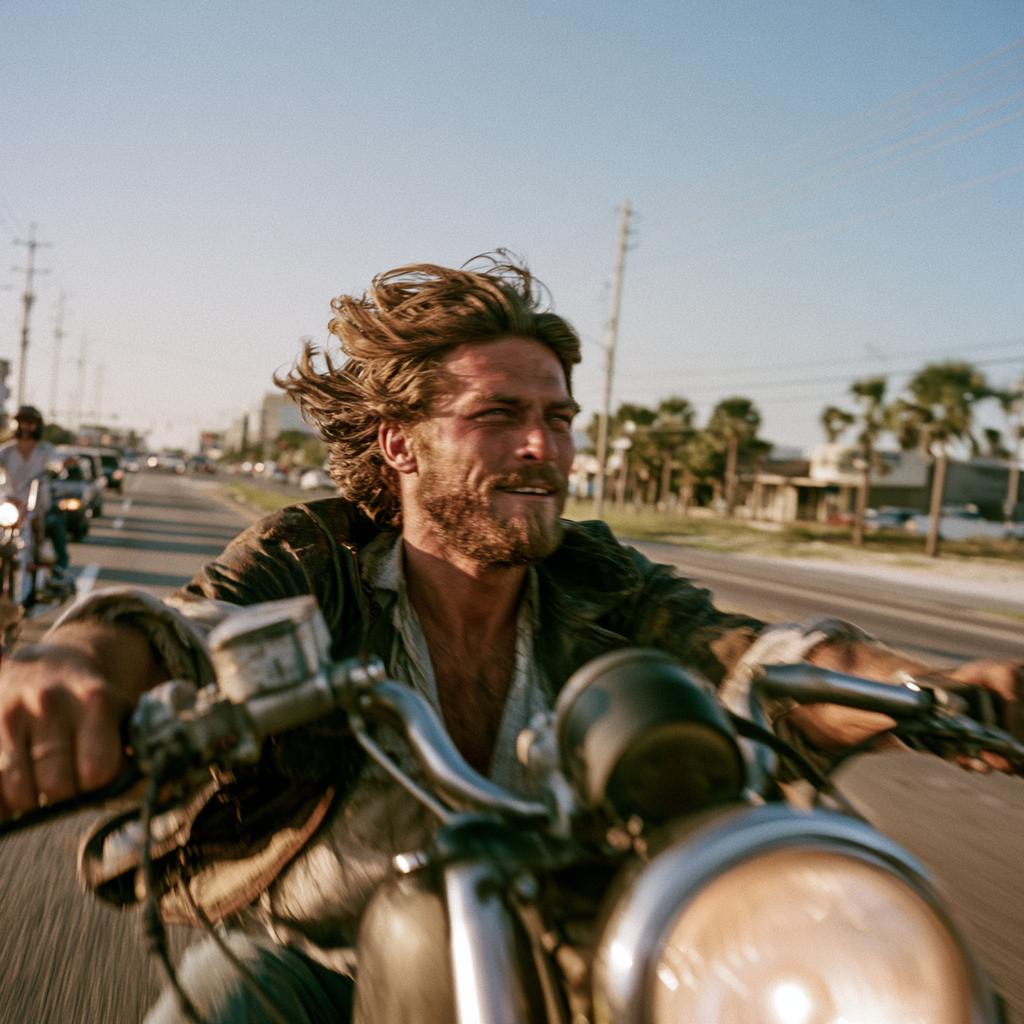 Helmetless motorcycle rider in Biloxi, Mississippi