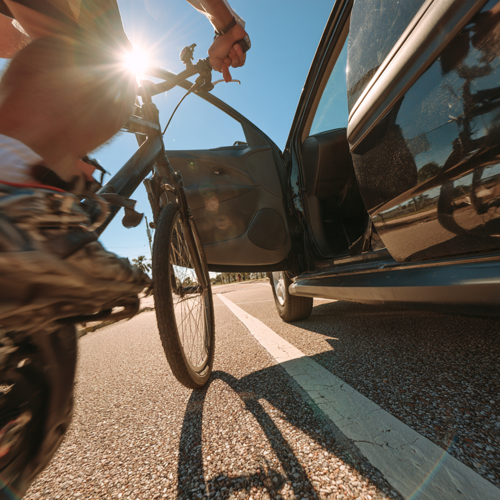 Close up photo from bicycle riders perspective getting doored by an open car door in Biloxi, MS