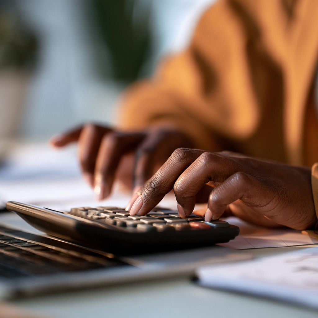 Car accident victims hands typing on a calculator working out her car accident settlement estimate in Mississippi