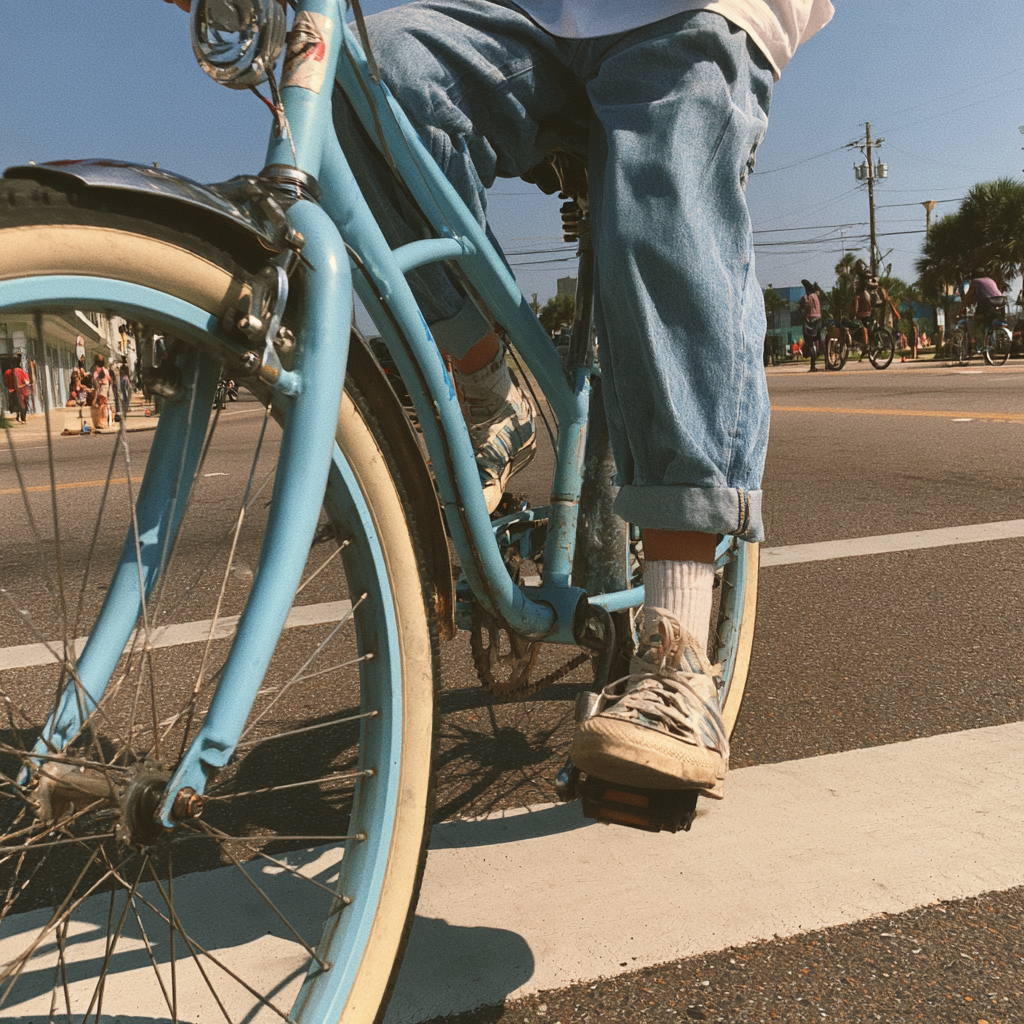Teenager on a bicycle crossing the street in Biloxi, Mississippi
