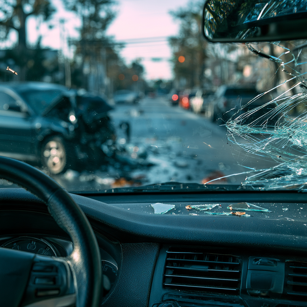 View from drivers perspective of crashed car, cracked windshield, and debris on the street, Biloxi, MS