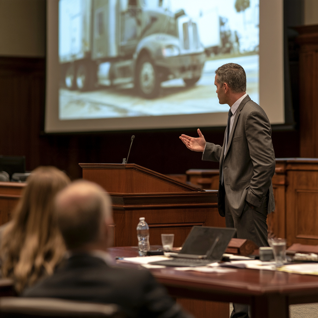 Expert truck accident reconstructionist in a courtroom in Mississippi proving how a truck crash happened