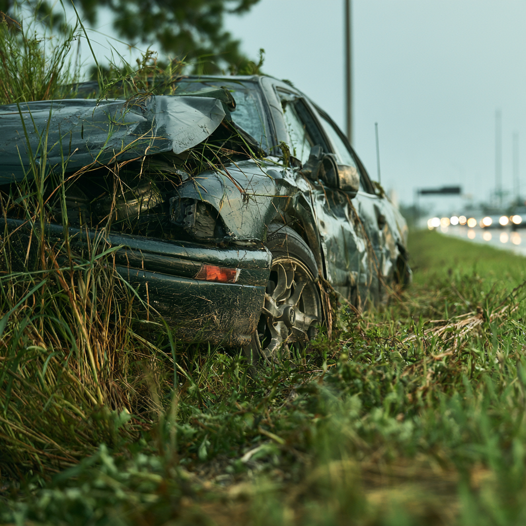 Car in a ditch by the highway in Biloxi, MS after being run off the road by another driver